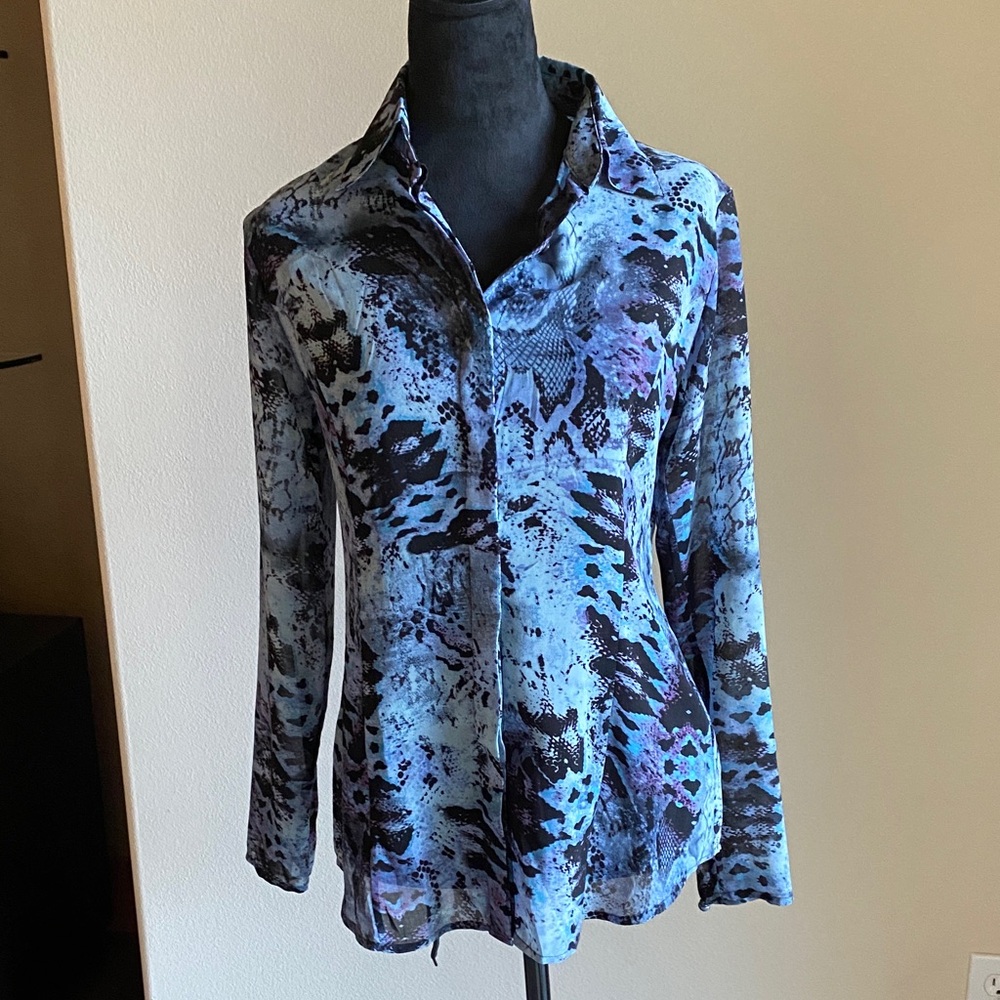 CAbi Blue and Black Patterned Button Down Shirt